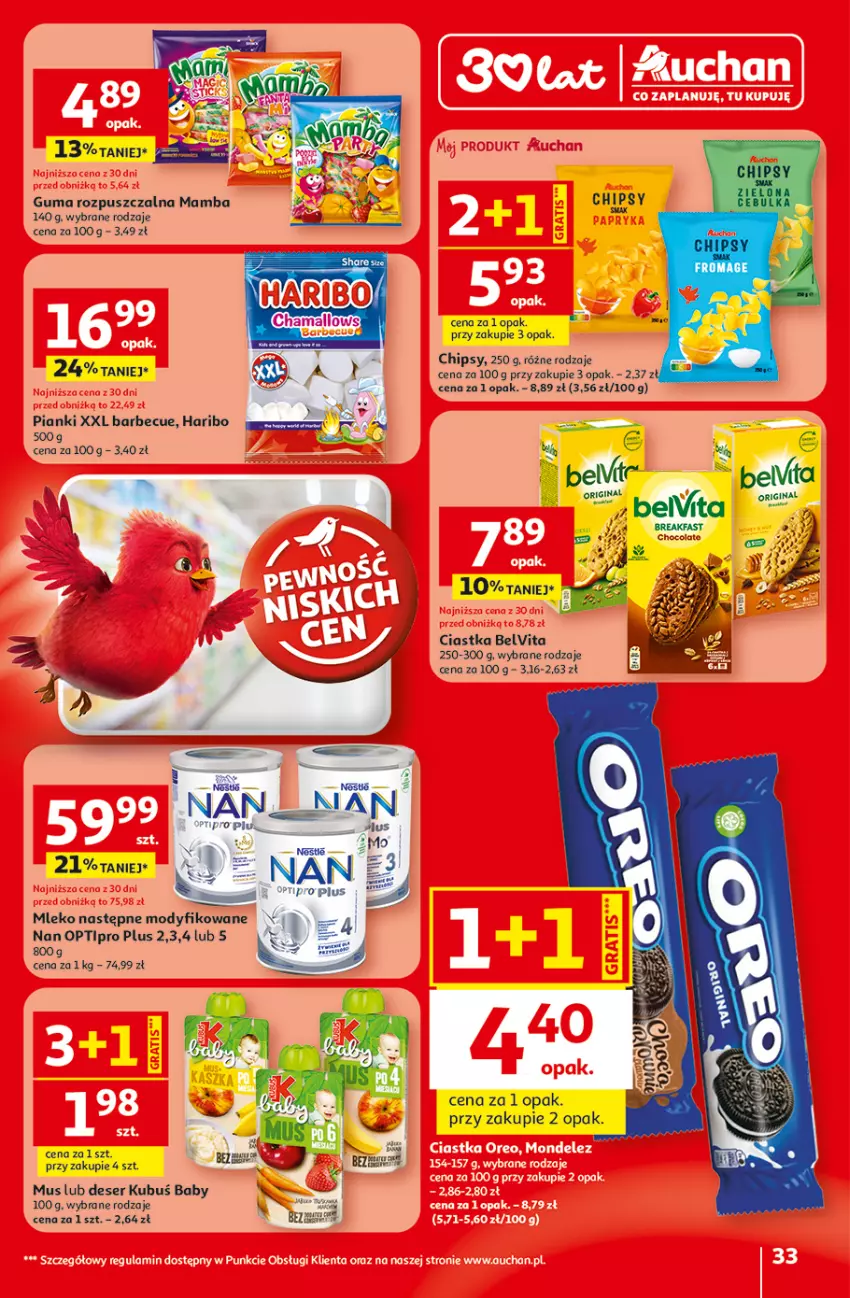 Gazetka promocyjna Auchan - 30 Lat Hipermarket - ważna 29.04 do 06.05.2026 - strona 33 - produkty: BelVita, Chipsy, Ciastka, Deser, Fa, Gin, Guma rozpuszczalna, Haribo, Kubuś, Mamba, Mleko, Mus, NAN Optipro, O nas, Ser