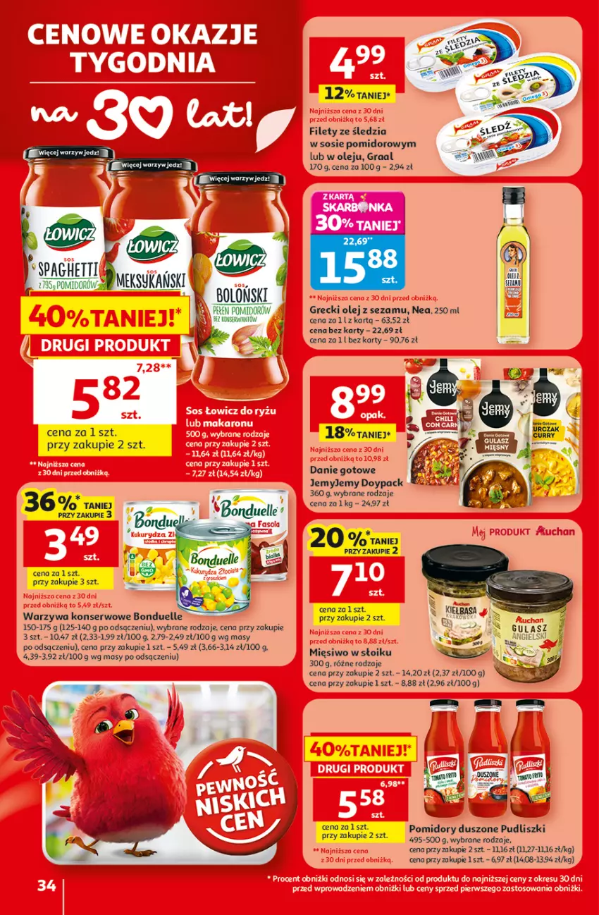 Gazetka promocyjna Auchan - 30 Lat Hipermarket - ważna 29.04 do 06.05.2026 - strona 34 - produkty: Bonduelle, Danie gotowe, Gra, Graal, Olej, Pomidory, Ser, Sezam, Sos, Warzywa, Warzywa konserwowe