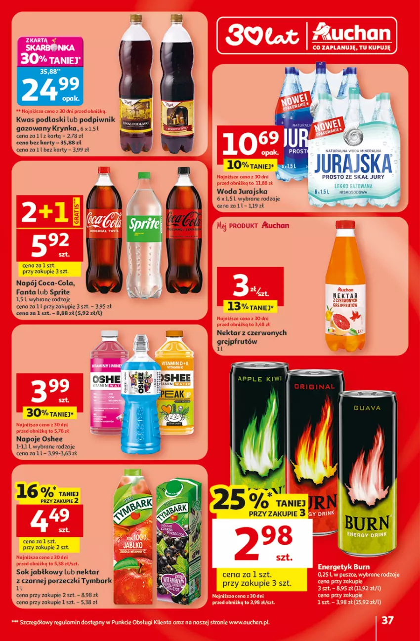 Gazetka promocyjna Auchan - 30 Lat Hipermarket - ważna 29.04 do 06.05.2026 - strona 37 - produkty: Coca-Cola, Fa, Fanta, Gin, Grejpfrut, Napój, Napoje, Nektar, Oshee, Podlaski, Por, Sok, Sok jabłkowy, Sprite, Tymbark, Woda