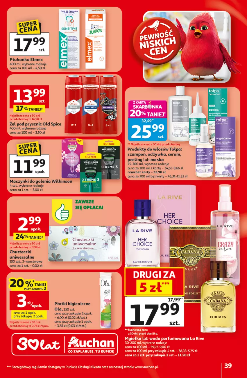 Gazetka promocyjna Auchan - 30 Lat Hipermarket - ważna 29.04 do 06.05.2026 - strona 39 - produkty: Chusteczki, Elmex, Fa, Maska, Odżywka, Old Spice, Peeling, Rum, Ser, Serum, Szampon, Tołpa