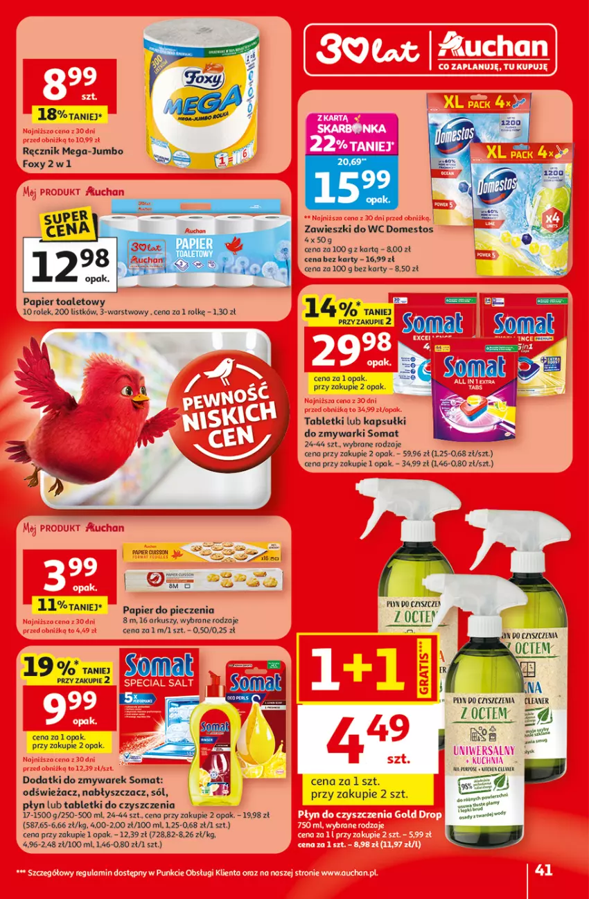 Gazetka promocyjna Auchan - 30 Lat Hipermarket - ważna 29.04 do 06.05.2026 - strona 41 - produkty: Domestos, Fa, Foxy, Papier, Papier do pieczenia, Papier toaletowy, Piec, Ręcznik, Sól, Somat, Tablet, Zawieszki, Zmywarki