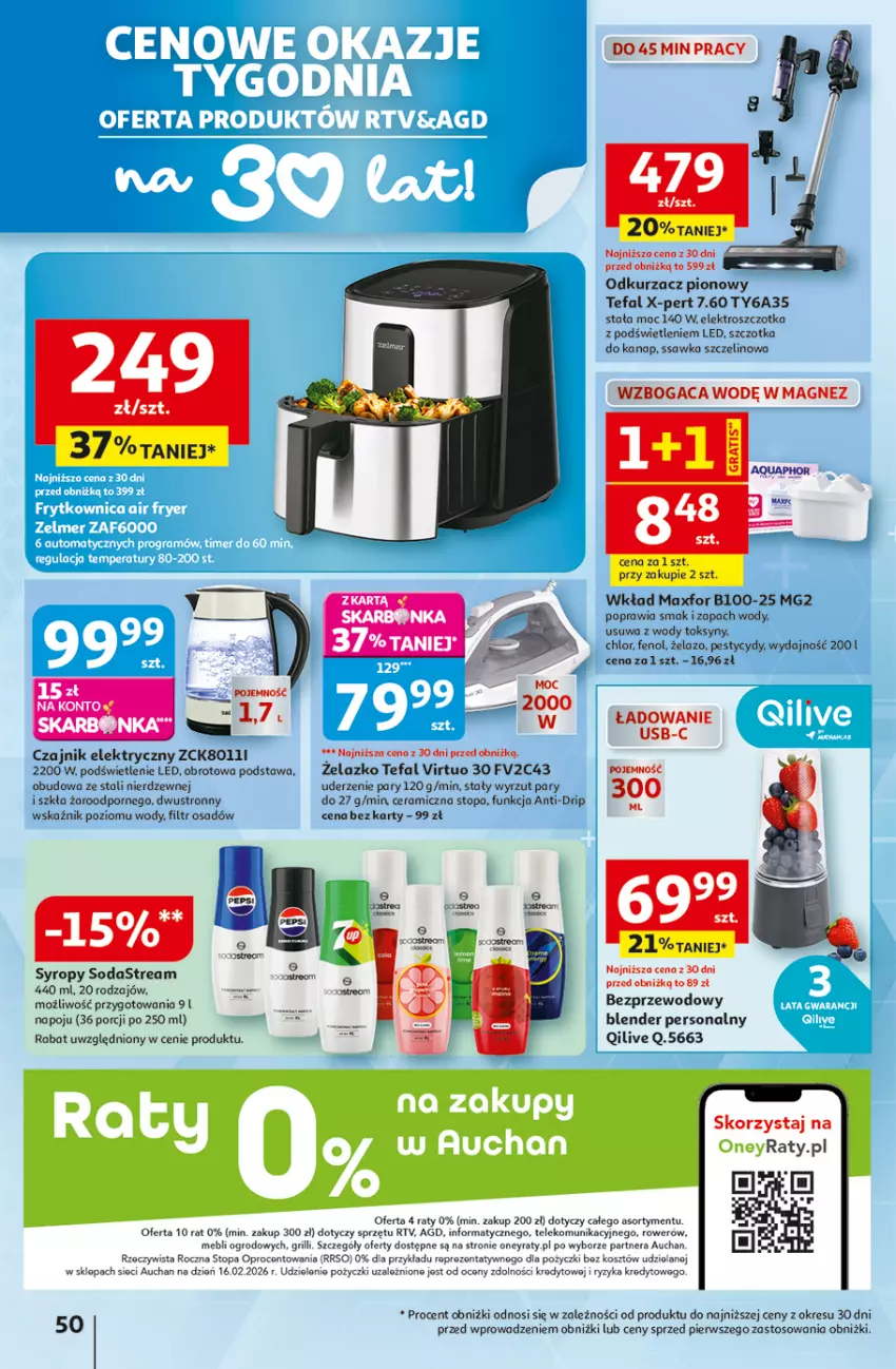 Gazetka promocyjna Auchan - 30 Lat Hipermarket - ważna 29.04 do 06.05.2026 - strona 50 - produkty: Blender, Czajnik, Czajnik elektryczny, Fa, Grill, Kosz, Magnez, Odkurzacz, Por, Rower, Syrop, Syropy, Szczotka, Tefal, Top, Virtu