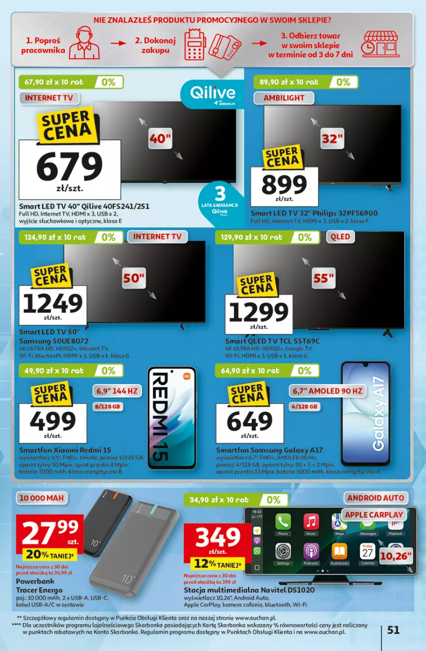 Gazetka promocyjna Auchan - 30 Lat Hipermarket - ważna 29.04 do 06.05.2026 - strona 51 - produkty: Acer, Amol, Bateria, Fa, Gala, Gra, Kabel USB, Kamera, LED TV, Navitel, Philips, Powerbank, Samsung, Smartfon