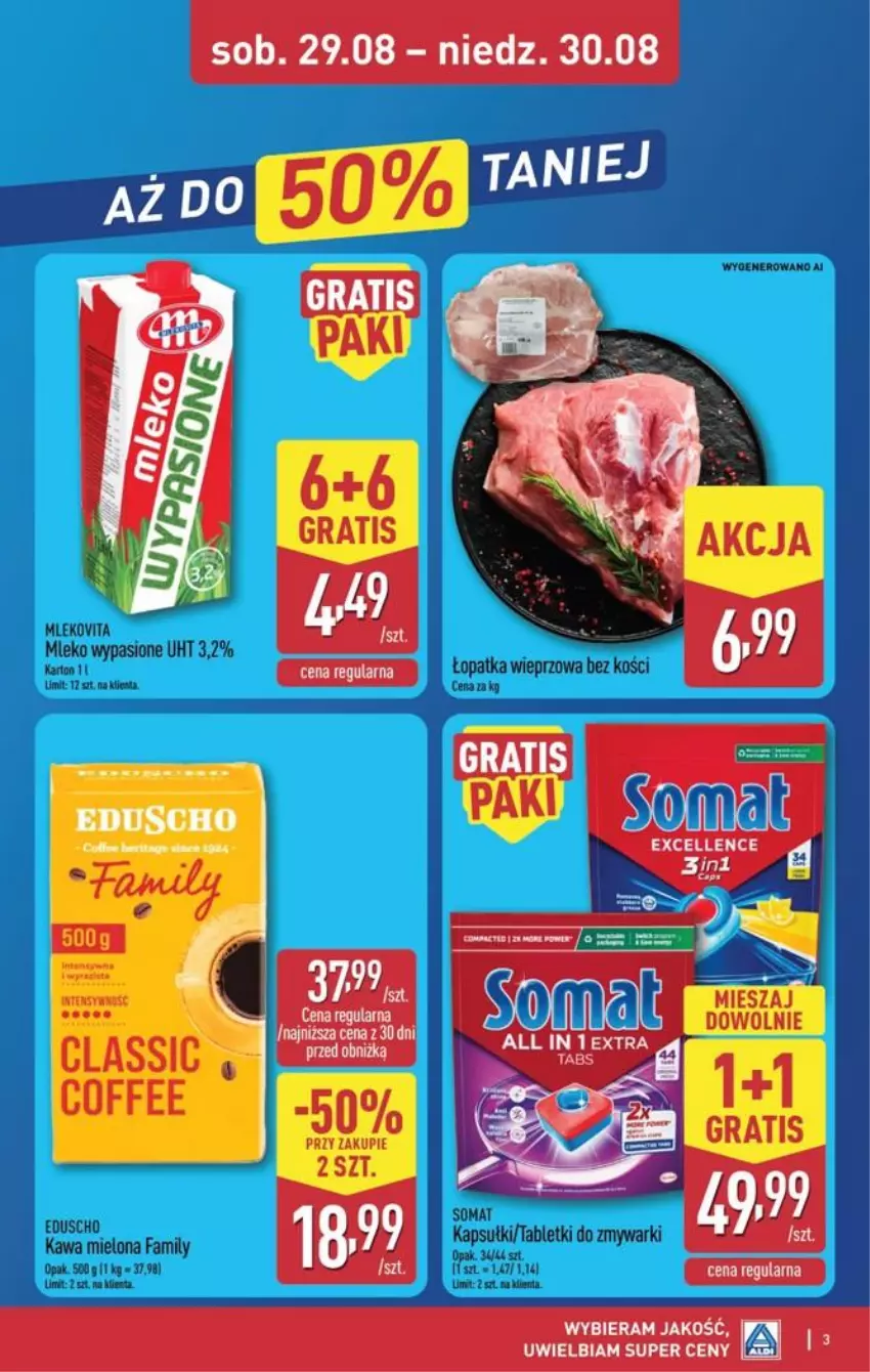 Gazetka promocyjna Aldi - Oferta weekendowa - ważna 27.08 do 30.08.2026 - strona 3 - produkty: Fa, Kawa, Kawa mielona, Mleko, Somat, Tablet, Tabletki do zmywarki, Zmywarki