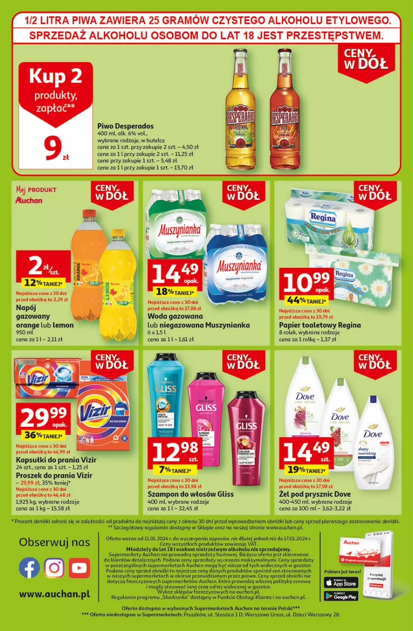 Gazetka promocyjna Auchan - Gazetka Ceny w dół Część 2 Supermarket Auchan - ważna 11.01 do 17.01.2024 - strona 8 - produkty: Desperados, Dove, Dzieci, Gin, Gra, Gry, Kapsułki do prania, Mus, Muszynianka, Papier, Papier toaletowy, Piwa, Piwo, Proszek do prania, Szampon, Tera, Vizir, Woda, Woda gazowana