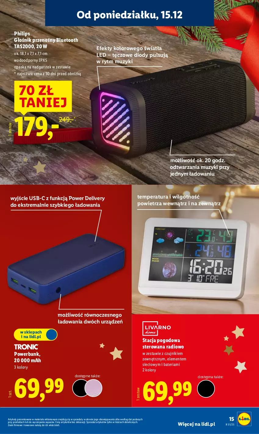Gazetka promocyjna Lidl - GAZETKA - ważna 15.12 do 21.12.2025 - strona 19 - produkty: Bateria, Głośnik, LG, Opaska, Philips, Por, Powerbank, Stacja pogodowa, Stek