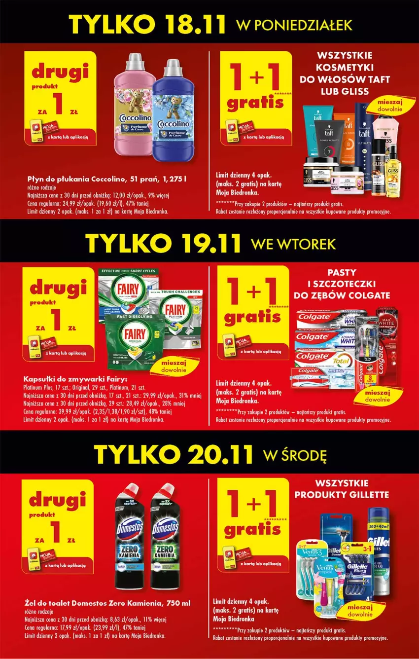 Gazetka promocyjna Biedronka - Od Poniedziałku - ważna 18.11 do 23.11.2024 - strona 19 - produkty: Ba!, Coccolino, Colgate, Domestos, Fa, Fairy, Gillette, Gin, Gra, LG, Płyn do płukania, Por, Taft, Zmywarki