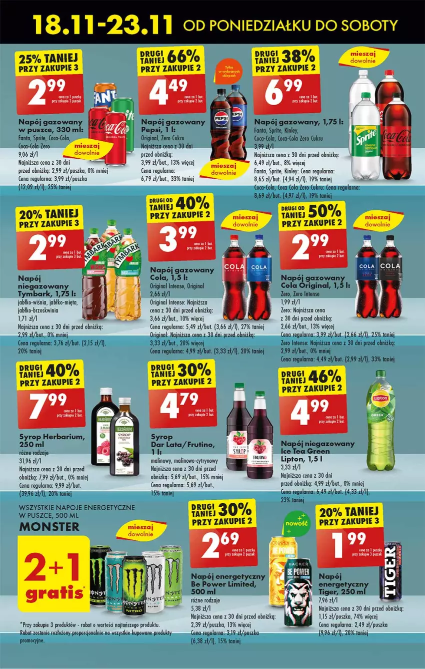 Gazetka promocyjna Biedronka - Od Poniedziałku - ważna 18.11 do 23.11.2024 - strona 51 - produkty: Coca-Cola, Fa, Fanta, Gin, Leon, Lipton, Mięta, Napój, Napój gazowany, Napój niegazowany, Napoje, Pepsi, Por, Sprite, Syrop, Tiger, Tymbark