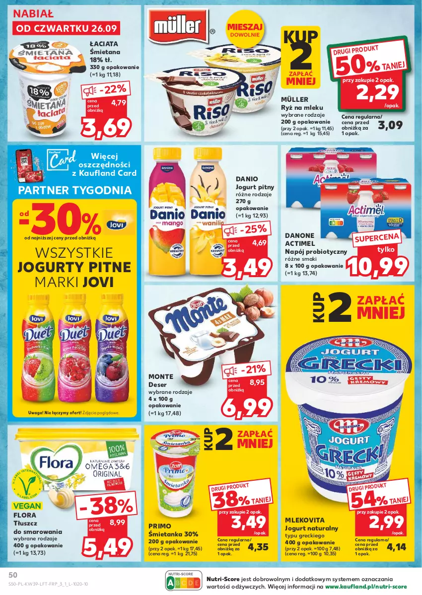 Gazetka promocyjna Kaufland - Gazetka tygodnia - ważna 26.09 do 02.10.2024 - strona 50 - produkty: Actimel, Danio, Danone, Deser, Flora, Jogurt, Jogurt naturalny, Jogurt pitny, Mleko, Mlekovita, Monte, Müller, Napój, Ryż, Ryż na mleku, Ser, Waga