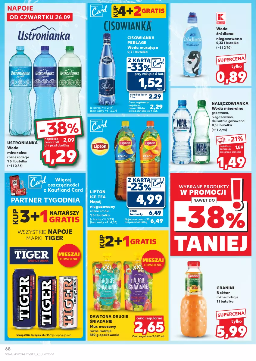 Gazetka promocyjna Kaufland - Gazetka tygodnia - ważna 26.09 do 02.10.2024 - strona 68 - produkty: Cisowianka, Dawtona, Gra, Ice tea, LANA, Lipton, Mus, Nałęczowianka, Napój, Napój niegazowany, Napoje, Nektar, Tiger, Waga, Woda, Woda mineralna