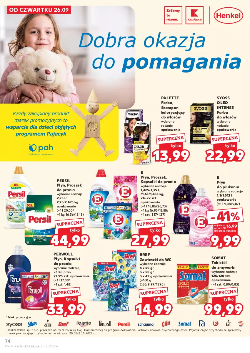 Gazetka promocyjna Kaufland - Gazetka tygodnia - ważna 26.09 do 02.10.2024 - strona 74 - produkty: Bref, Fa, Farba do włosów, Kapsułki do prania, Oleo, Palette, Persil, Perwoll, Płyn do płukania, Proszek do prania, Somat, Syoss, Szampon, Tablet, Tabletki do zmywarki, Zawieszki, Zmywarki