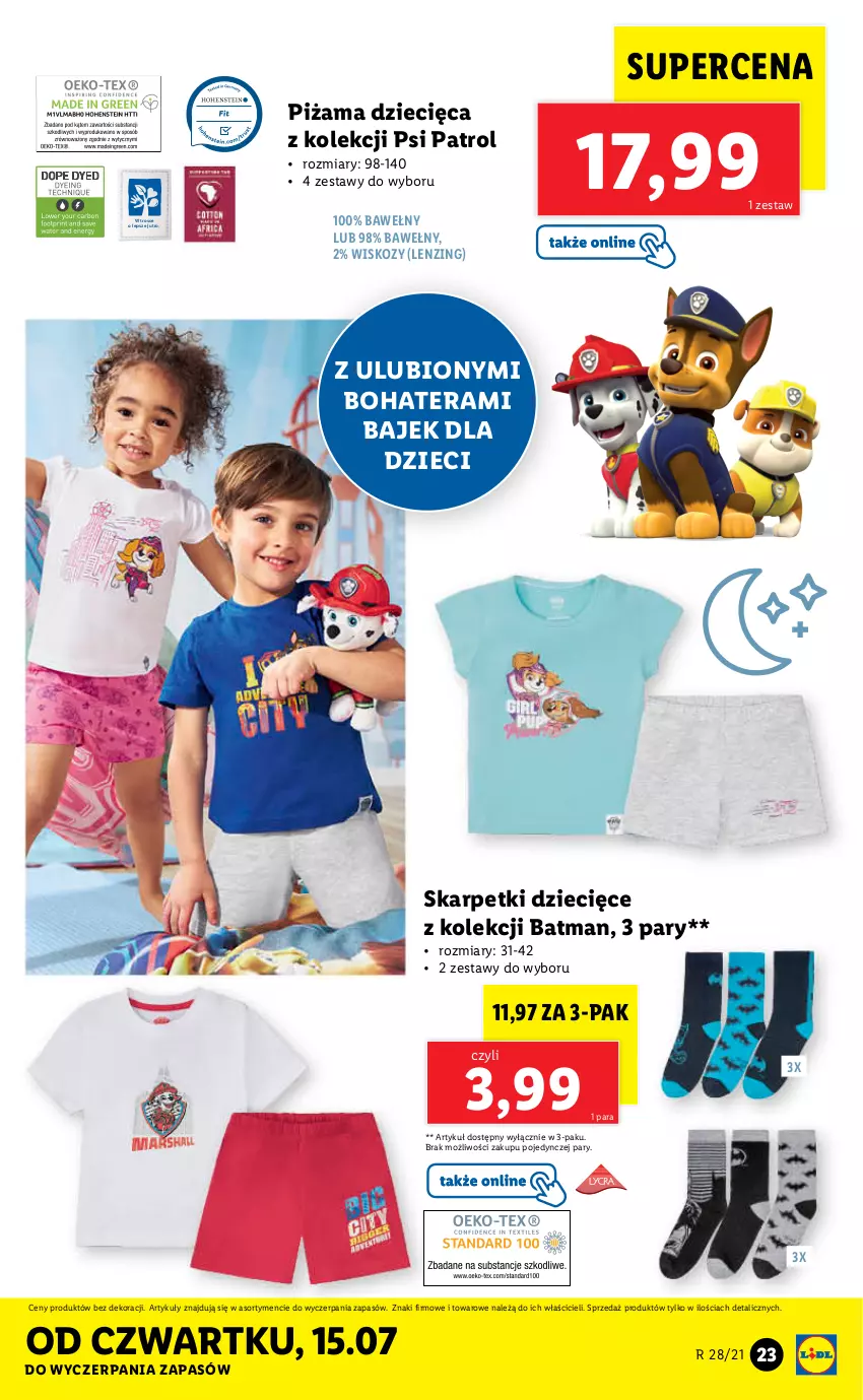 Gazetka promocyjna Lidl - GAZETKA - ważna 12.07 do 17.07.2021 - strona 23 - produkty: Dzieci, Karp, Piżama, Psi Patrol, Skarpetki, Tera