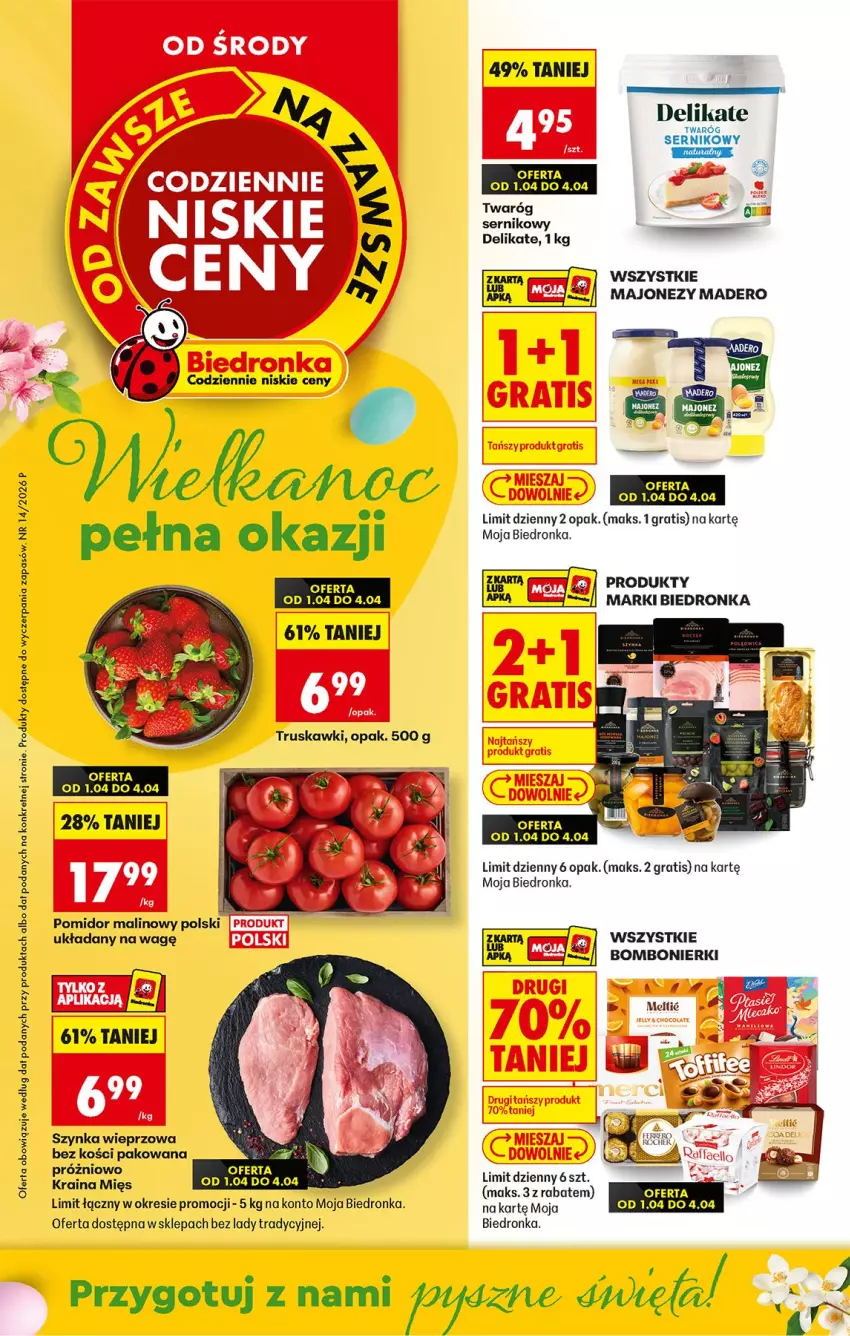 Gazetka promocyjna Biedronka - Od Środy - ważna 01.04 do 02.04.2026 - strona 1 - produkty: Gra, Kret, Majonez, Pomidor malinowy, Ser, Szynka, Szynka wieprzowa, Twaróg