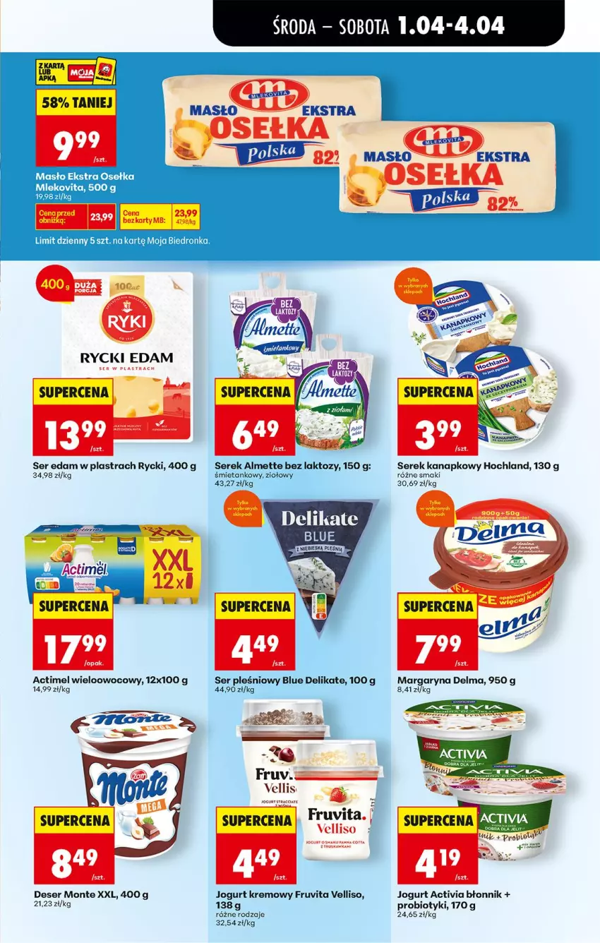 Gazetka promocyjna Biedronka - Od Środy - ważna 01.04 do 02.04.2026 - strona 47 - produkty: Actimel, Activia, Almette, Delma, Deser, Edam, Hochland, Jogurt, Margaryna, Masło, Mleko, Mlekovita, Monte, Probiotyk, Rycki Edam, Ser, Ser pleśniowy, Serek, Serek kanapkowy