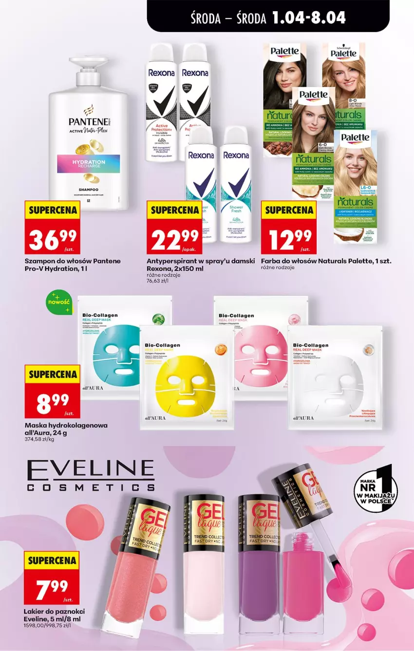 Gazetka promocyjna Biedronka - Od Środy - ważna 01.04 do 02.04.2026 - strona 65 - produkty: Antyperspirant, Eveline, Fa, Farba do włosów, Gin, Kolagen, Lakier, Lakier do paznokci, Maska, Palette, Pantene, Rexona, Sos, Szampon