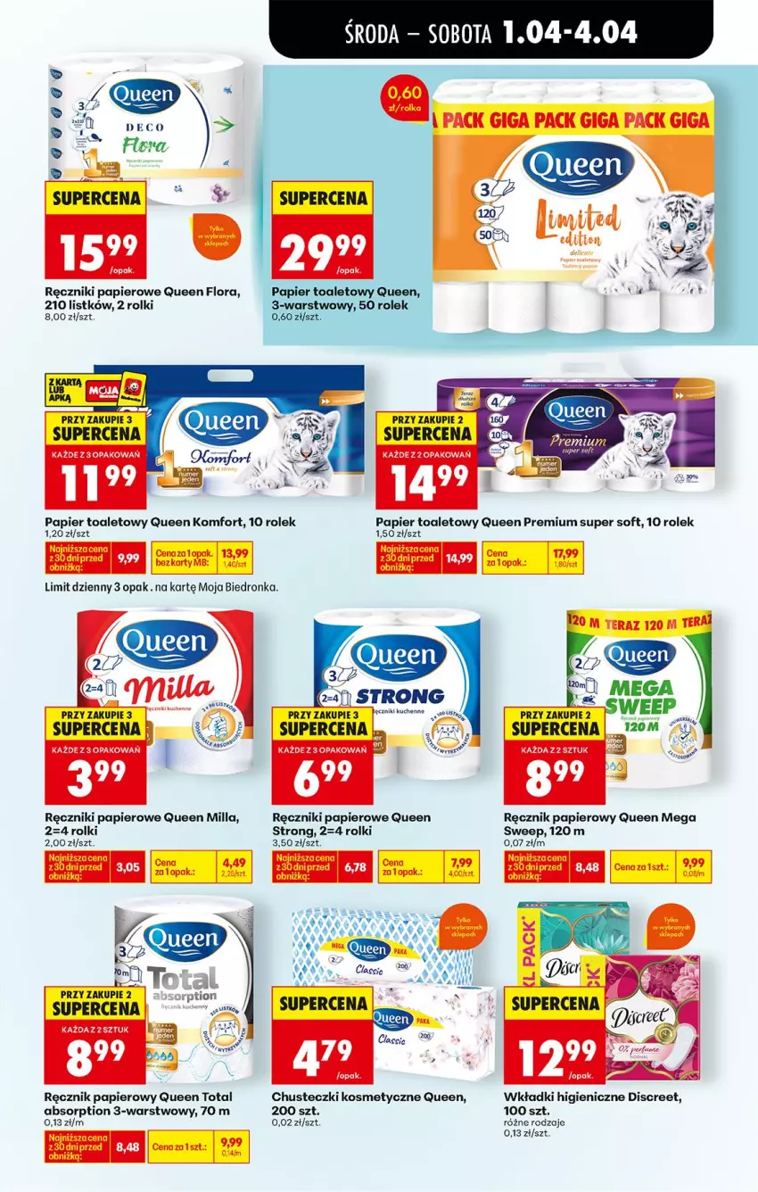 Gazetka promocyjna Biedronka - Od Środy - ważna 01.04 do 02.04.2026 - strona 67 - produkty: Chusteczki, Chusteczki kosmetyczne, Discreet, Fa, Flora, Papier, Papier toaletowy, Ręcznik, Ręczniki papierowe, Rolki, Wkładki