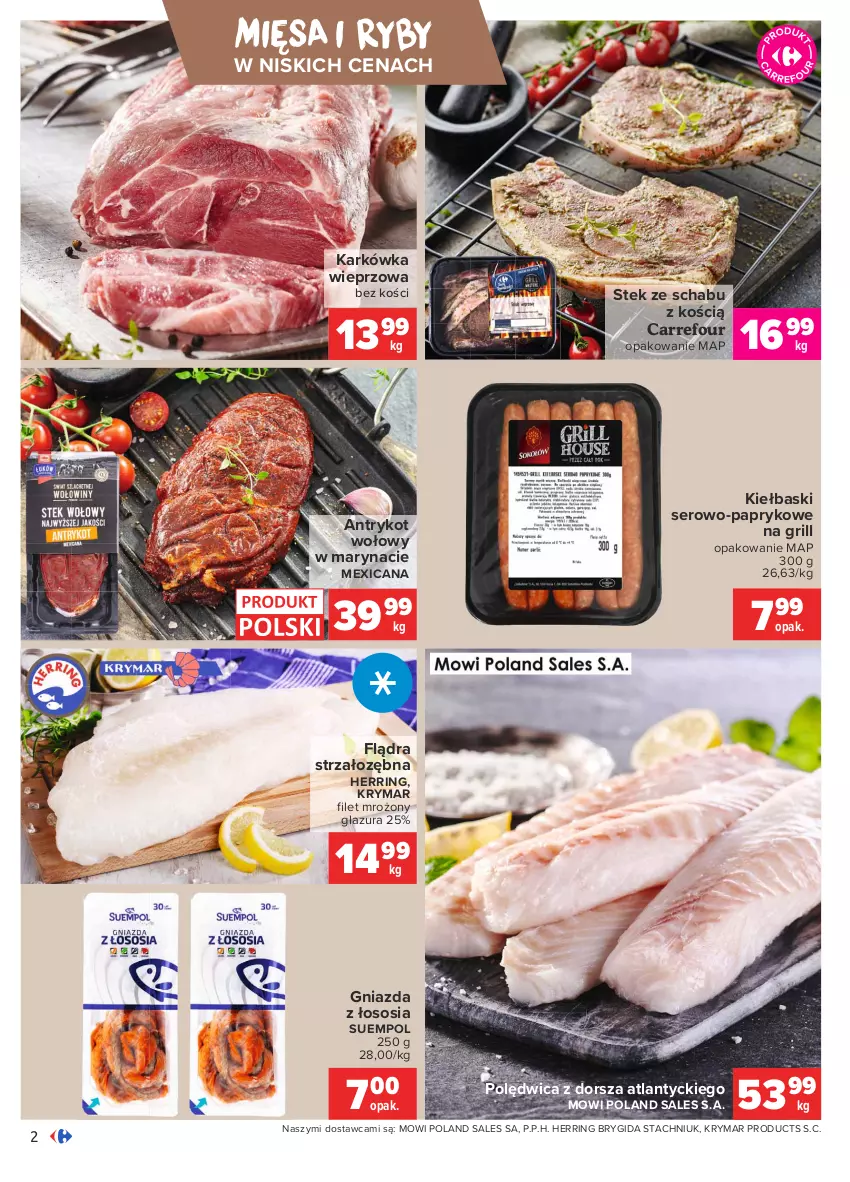 Gazetka promocyjna Carrefour - Gazetka Targi świeżości - ważna 21.06 do 28.06.2021 - strona 2 - produkty: Antrykot wołowy, Dorsz, Glazura, Grill, Karkówka wieprzowa, Lazur, Polędwica, Ser, Sos, Stek, Suempol