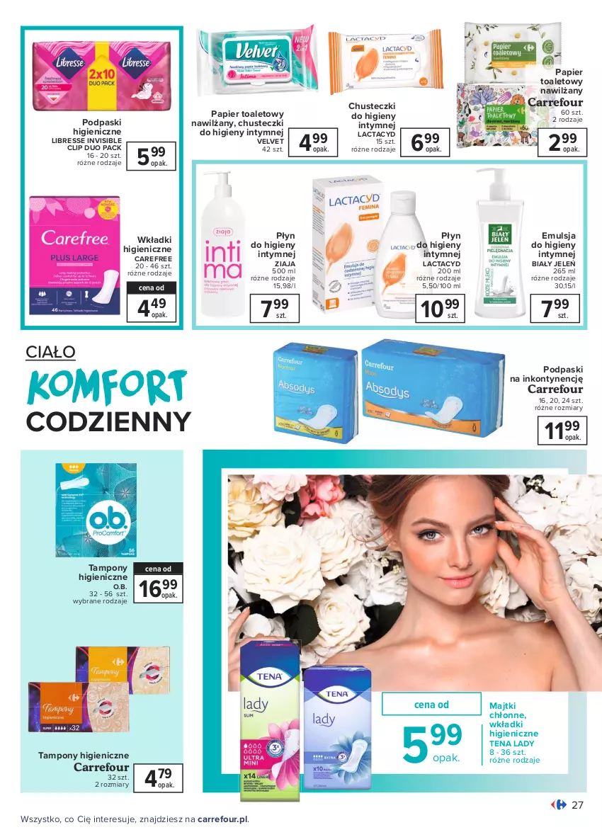 Gazetka promocyjna Carrefour - Gazetka Piękny duet - ważna 01.03 do 13.03.2021 - strona 27 - produkty: Biały Jeleń, Carefree, Chusteczki, Chusteczki do higieny, Emulsja, Lactacyd, Majtki, Nawilżany papier, O.B., Papier, Papier toaletowy, Płyn do higieny intymnej, Podpaski, Tampony, Velvet, Wkładki, Ziaja