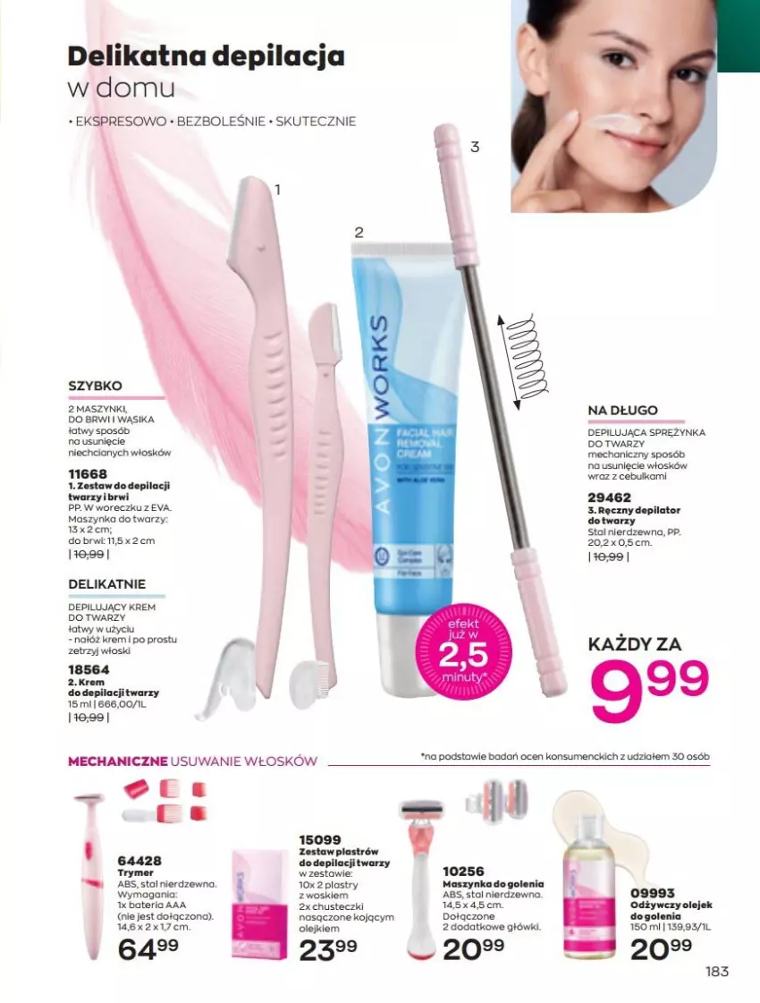 Gazetka promocyjna Avon - Katalog Avon 5/2022 kampania maj - ważna 01.05 do 31.05.2022 - strona 183 - produkty: Bateria, Chusteczki, Depilator, Krem do depilacji, Krem do twarzy, Maszynka, Maszynka do golenia, Olej, Szynka