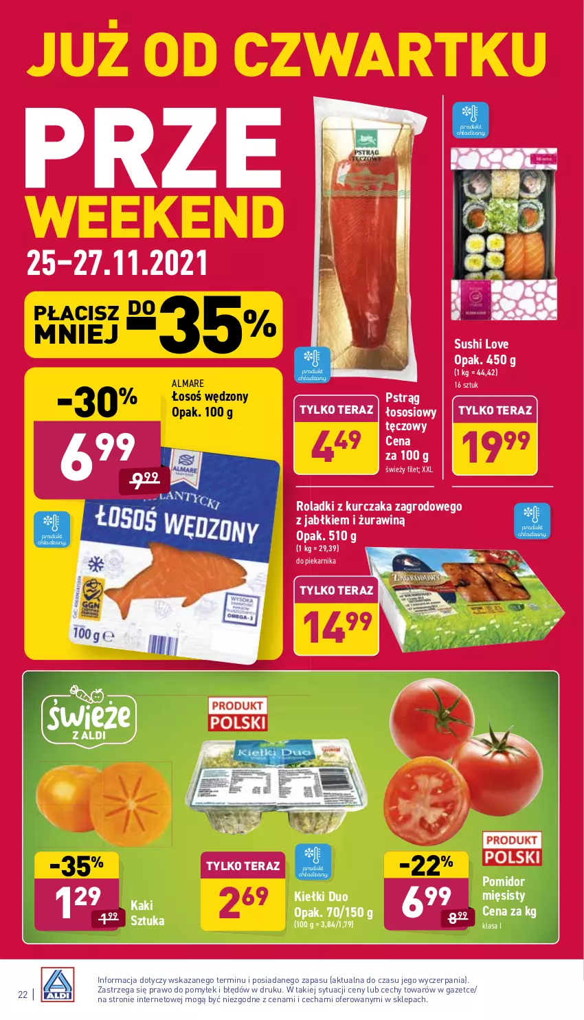 Gazetka promocyjna Aldi - ważna 22.11 do 27.11.2021 - strona 22 - produkty: Kaki, Kiełki, Kurczak, Piekarnik, Pstrąg, Pstrąg łososiowy, Roladki z kurczaka, Sos, Sushi, Tera