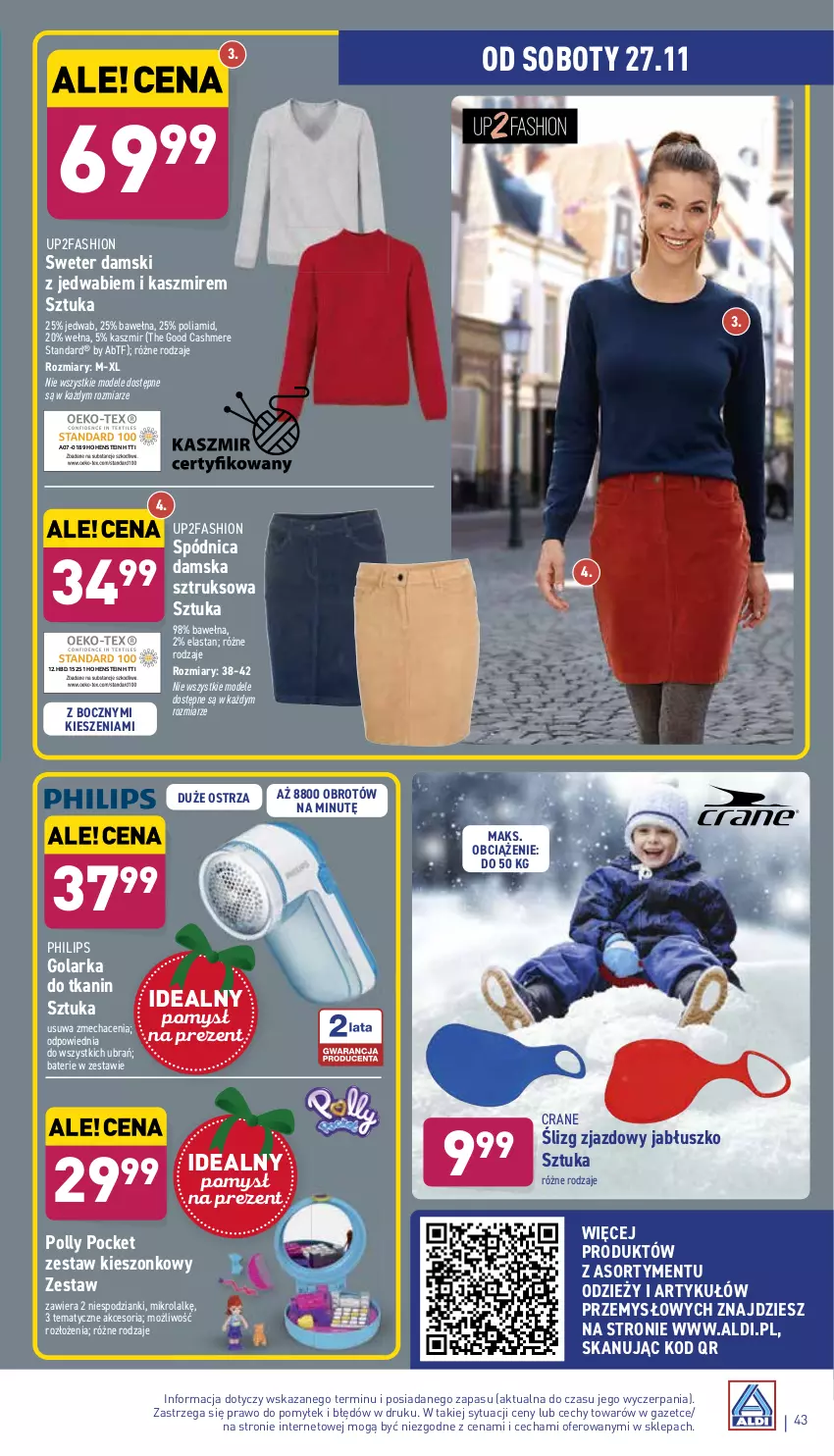 Gazetka promocyjna Aldi - ważna 22.11 do 27.11.2021 - strona 43 - produkty: Fa, Golarka, Philips, Polly Pocket, Spódnica, Sweter, Wełna