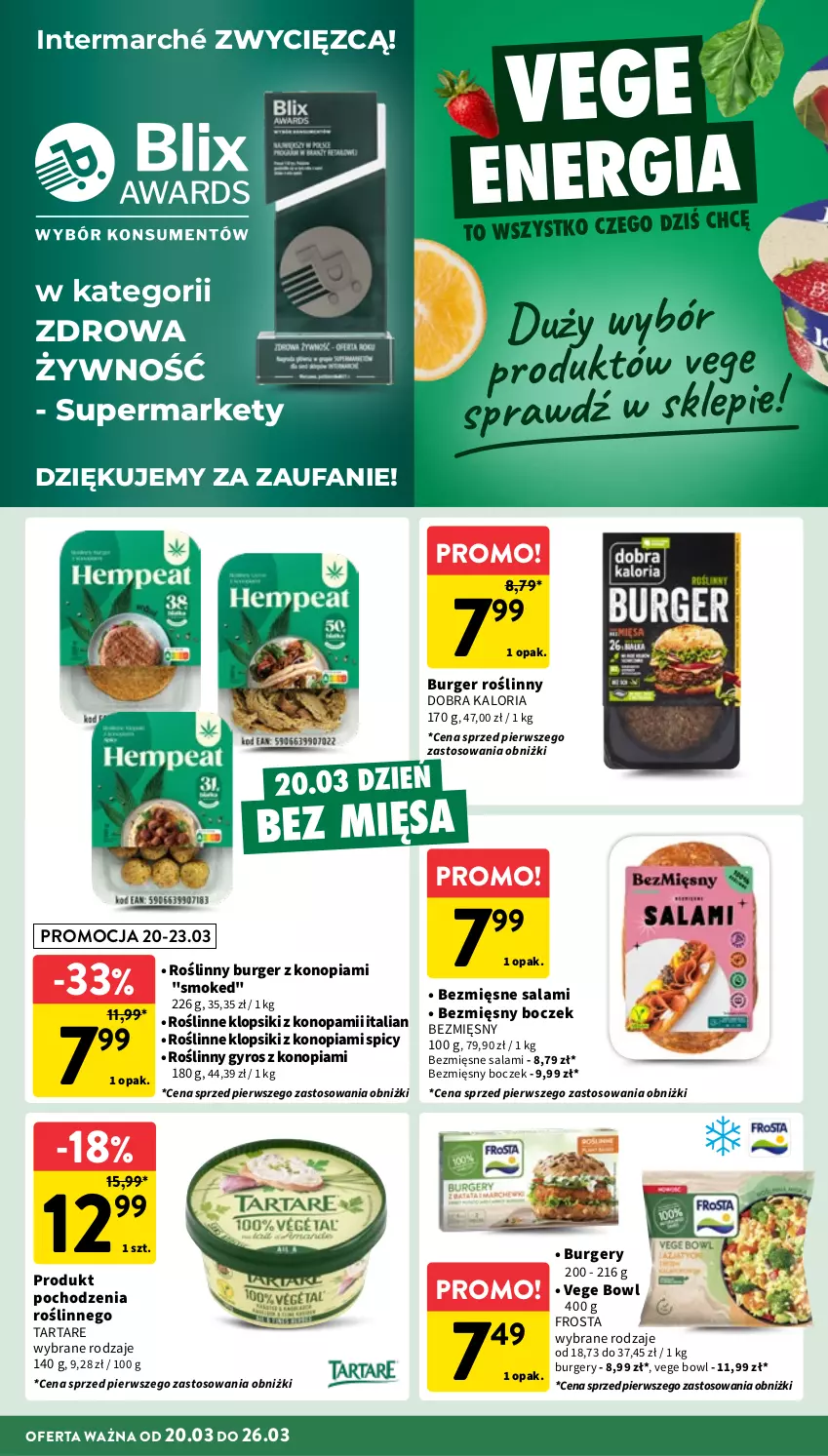 Gazetka promocyjna Intermarche - Gazetka promocyjna - ważna 20.03 do 26.03.2025 - strona 22 - produkty: Boczek, Burger, Fa, Frosta, Gyros, Klopsiki, Roślinny burger, Roślinny gyros, Salami, Tarta, Tartare