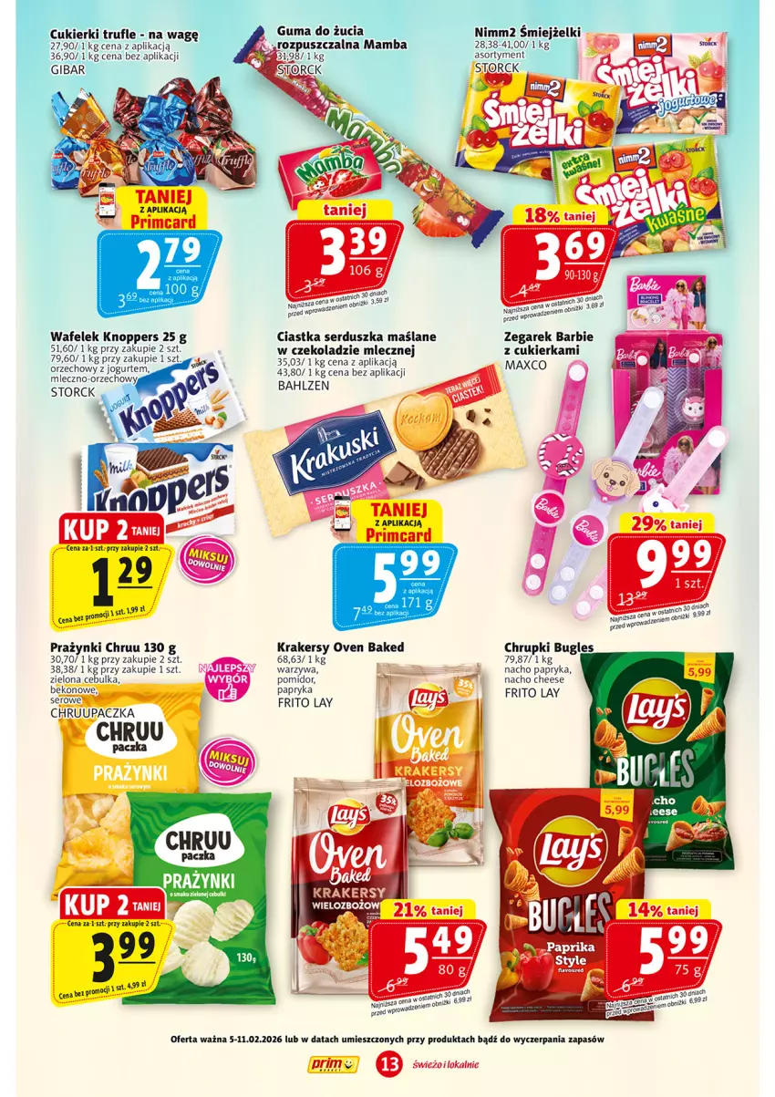 Gazetka promocyjna Prim Market - ważna 05.02 do 11.02.2026 - strona 13 - produkty: Barbie, Beko, Chrupki, Ciastka, Cukier, Cukierki, Guma do żucia, Jogurt, Knoppers, Krakersy, Mamba, Nimm2, Papryka, Ser, Wafelek, Warzywa, Zegar, Zegarek