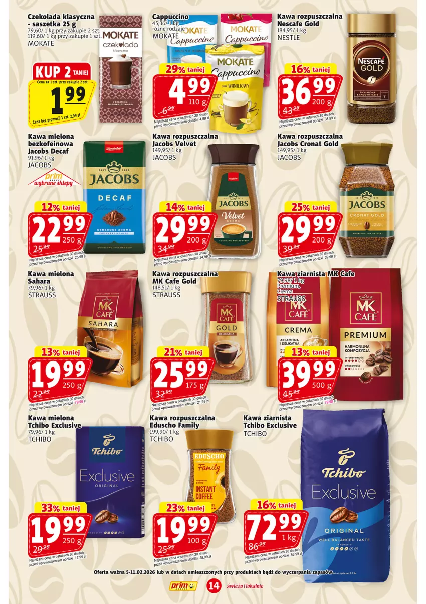 Gazetka promocyjna Prim Market - ważna 05.02 do 11.02.2026 - strona 14 - produkty: Aksam, Czekolada, Fa, Gin, Jacobs, Jacobs Velvet, Kawa, Kawa mielona, Kawa rozpuszczalna, Kawa ziarnista, Por, Tchibo, Velvet
