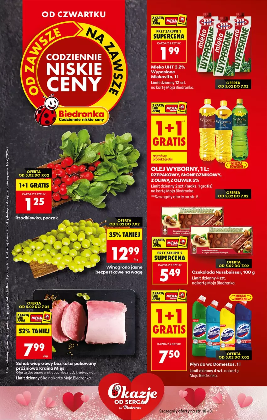 Gazetka promocyjna Biedronka - Gazetka - ważna 05.02 do 12.02.2026 - strona 1 - produkty: Czekolada, Domestos, Gra, Kret, Mleko, Olej, Płyn do wc, SEKO, Ser, Wino