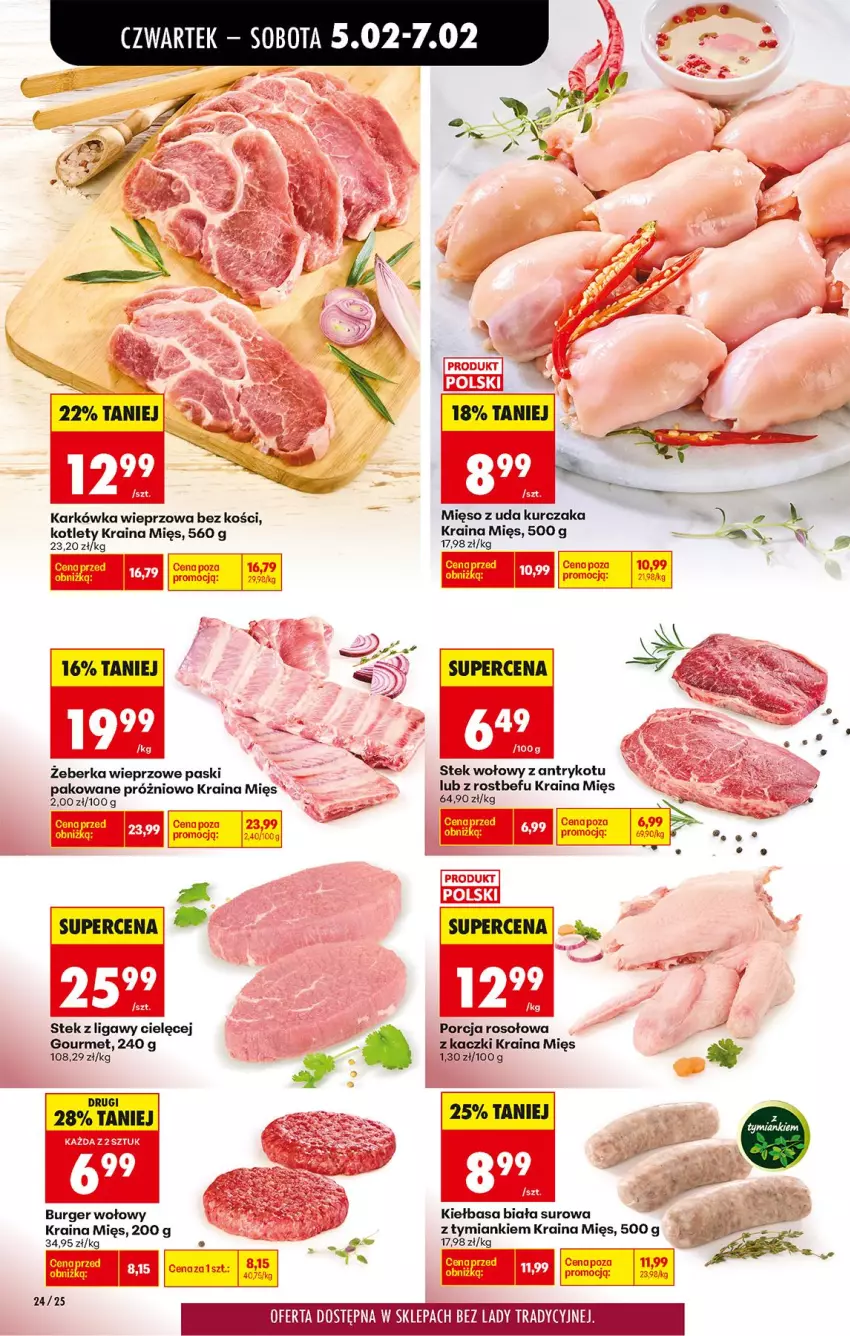 Gazetka promocyjna Biedronka - Gazetka - ważna 05.02 do 12.02.2026 - strona 32 - produkty: Burger, Fa, Karkówka wieprzowa, Kiełbasa, Kiełbasa biała, Kotlet, Kurczak, Mięso, Mięso z uda kurczaka, Por, Rostbef, Stek, Stek wołowy