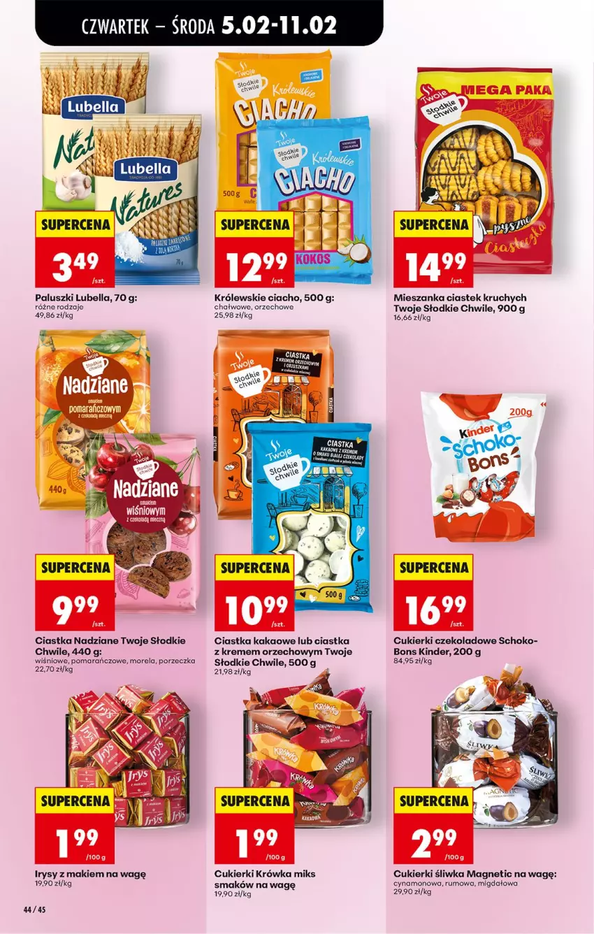 Gazetka promocyjna Biedronka - Gazetka - ważna 05.02 do 12.02.2026 - strona 52 - produkty: Bell, Bella, Ciastka, Cukier, Cukierki, Cukierki czekoladowe, Fa, Kakao, Kinder, Królewski, Lubella, Morela, Por, Rum, Stek