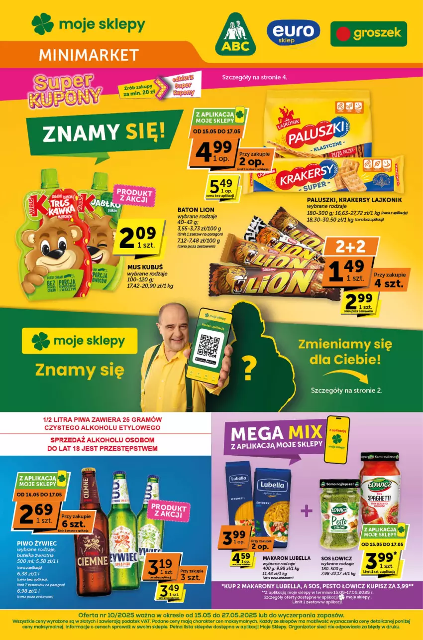 Gazetka promocyjna ABC - ważna 15.05 do 27.05.2025 - strona 1 - produkty: Baton, Bell, Bella, Krakersy, Kubuś, Lajkonik, Lion, Lubella, Makaron, Mus, Piwo, Sos