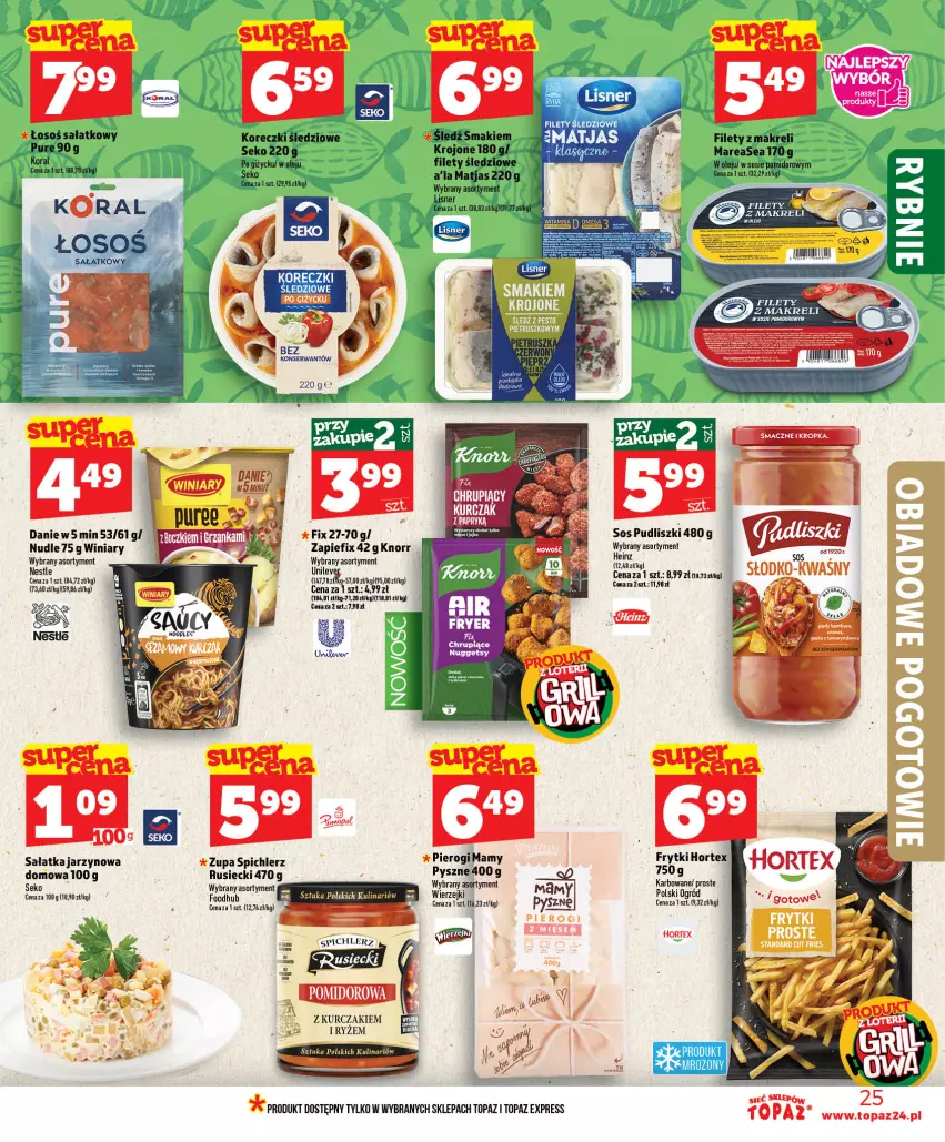 Gazetka promocyjna Topaz - Gazetka - ważna 11.06 do 17.06.2026 - strona 25 - produkty: Buty, Hortex, Knorr, Koreczki śledziowe, Kurczak, Matjas, Ogród, Olej, Pierogi, Pudliszki, Ryż, Sałat, Sałatka, SEKO, Sos, Top, Zupa