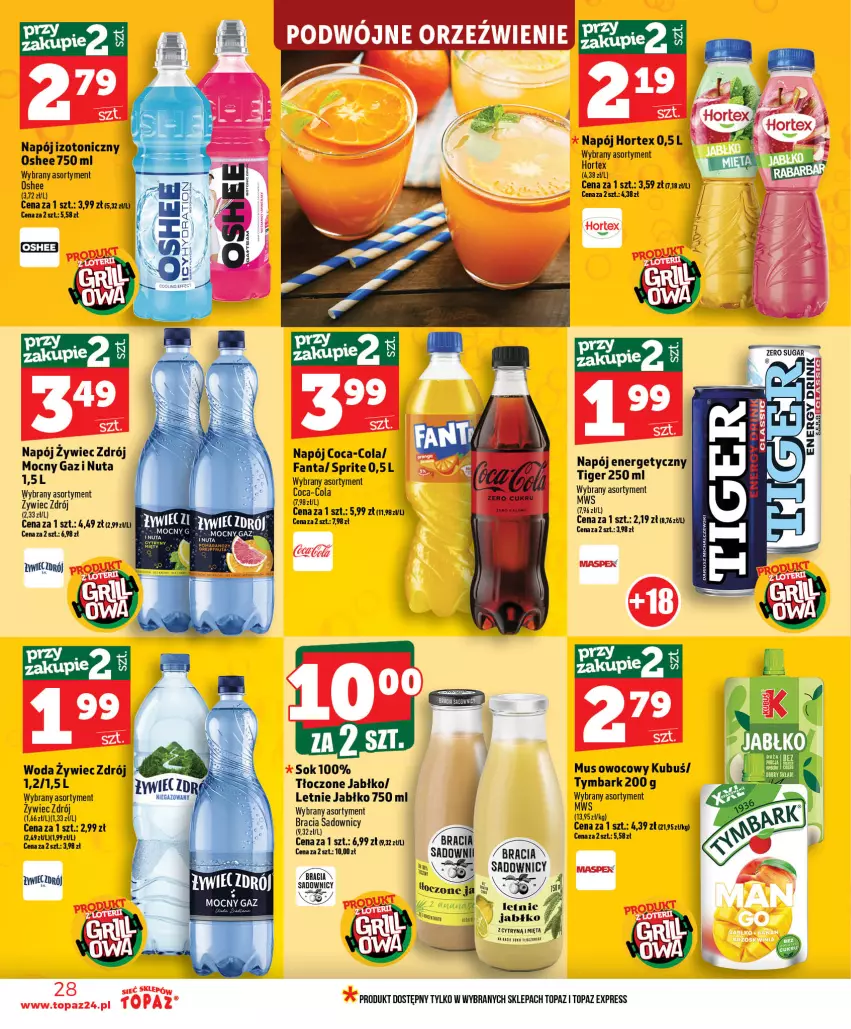 Gazetka promocyjna Topaz - Gazetka - ważna 11.06 do 17.06.2026 - strona 28 - produkty: Coca-Cola, Fa, Fanta, Hortex, Kubuś, Mięta, Mus, Napój, Napój energetyczny, Napój izotoniczny, Oshee, Sprite, Tiger, Top, Tymbark, Woda