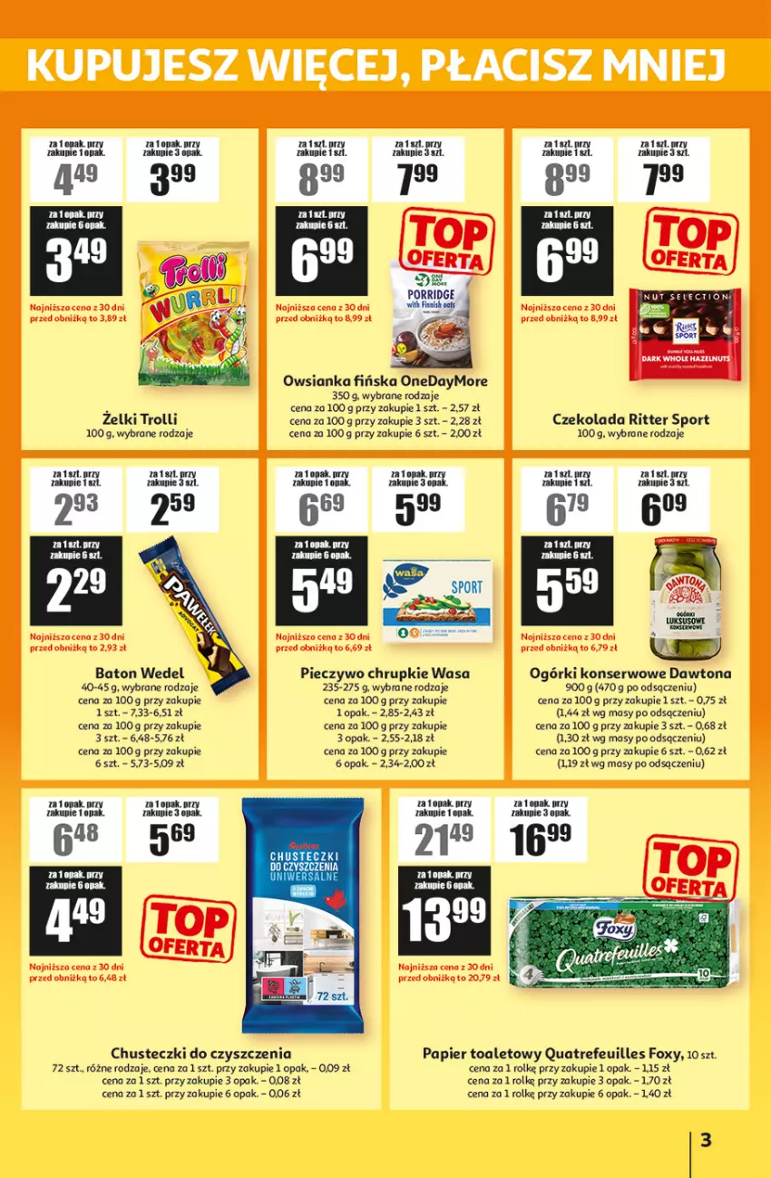 Gazetka promocyjna Auchan - ATAC Hiper Discount - ważna 05.03 do 25.03.2026 - strona 3 - produkty: Baton, Chrupki, Chusteczki, Chusteczki do czyszczenia, Czekolada, Dawtona, Foxy, Ogórki konserwowe, Owsianka, Papier, Papier toaletowy, Piec, Pieczywo, Pieczywo chrupkie, Por, Ritter Sport, Ser, Sport, Wasa
