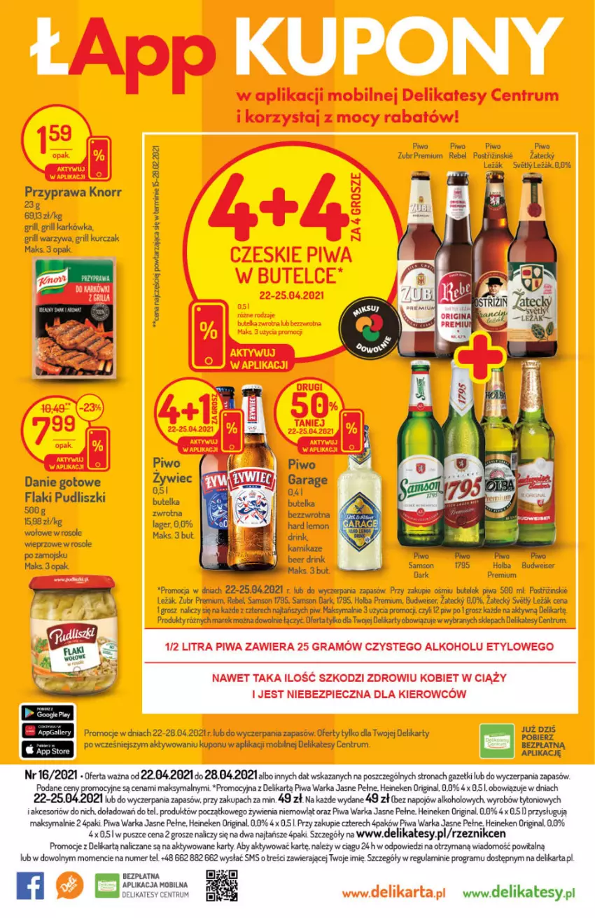 Gazetka promocyjna Delikatesy Centrum - Gazetka Delikatesy Centrum - ważna 22.04 do 28.04.2021 - strona 32 - produkty: Danie gotowe, Flaki, Gin, Gra, Grill, Heineken, Knorr, Kurczak, Lack, Mobil, Piec, Piwa, Piwo, Pudliszki, Rum, Ser, Warka, Warzywa