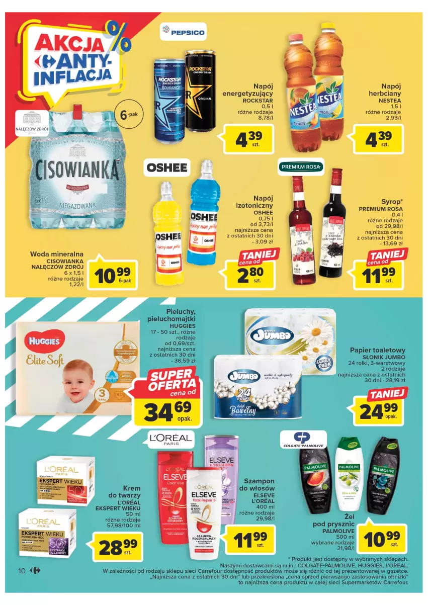 Gazetka promocyjna Carrefour - Gazetka Market - ważna 10.01 do 21.01.2023 - strona 10 - produkty: Cisowianka, Colgate, Elseve, Fa, Huggies, LG, Majtki, Napój, Nestea, Oshee, Palmolive, Papier, Papier toaletowy, Pepsi, Pieluchomajtki, Pieluchy, Rolki, Syrop, Woda, Woda mineralna