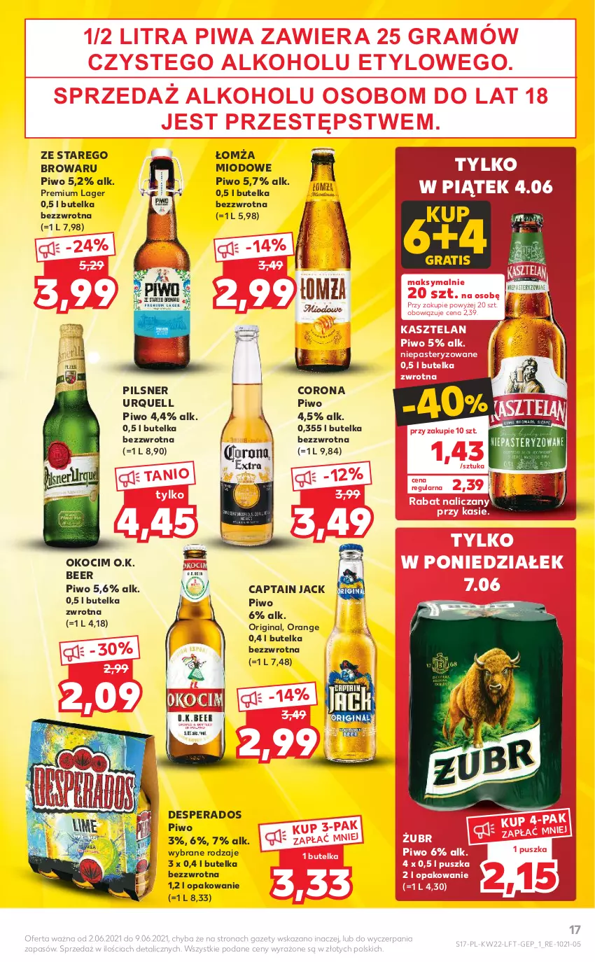 Gazetka promocyjna Kaufland - OFERTA TYGODNIA - ważna 02.06 do 09.06.2021 - strona 17 - produkty: Captain Jack, Desperados, Gin, Gra, Kasztelan, Koc, Okocim, Pilsner Urquell, Piwa, Piwo