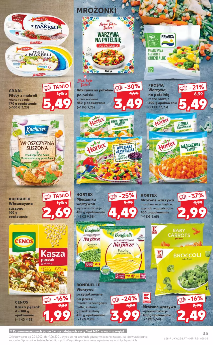 Gazetka promocyjna Kaufland - OFERTA TYGODNIA - ważna 02.06 do 09.06.2021 - strona 35 - produkty: Bonduelle, Cenos, Fa, Frosta, Gra, Graal, Groszek, Hortex, Kasza, Kucharek, Marchewka, Mieszanka warzyw, Piec, Pieczarka, Szpinak, Warzywa