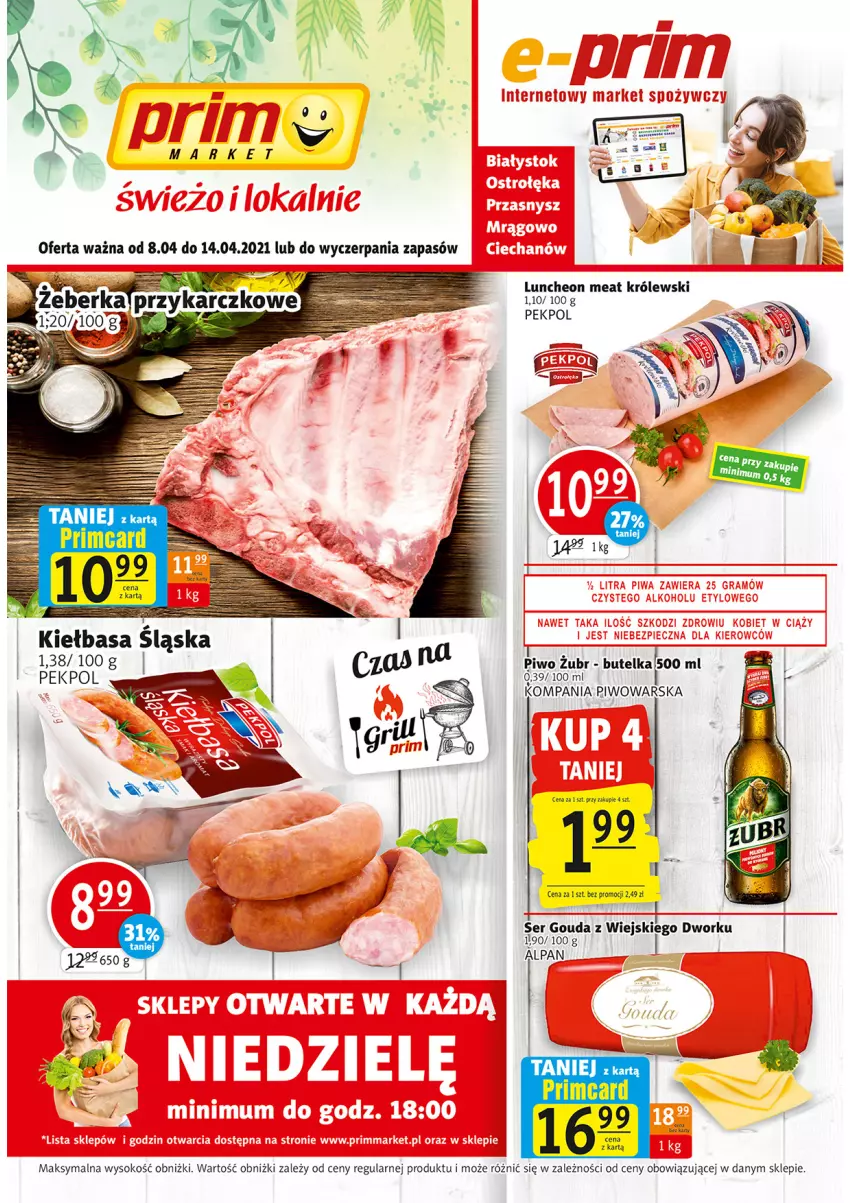 Gazetka promocyjna Prim Market - Gazetka - ważna 08.04 do 14.04.2021 - strona 1 - produkty: Gouda, Kiełbasa, Królewski, Pekpol, Piwo, Ser, Sok