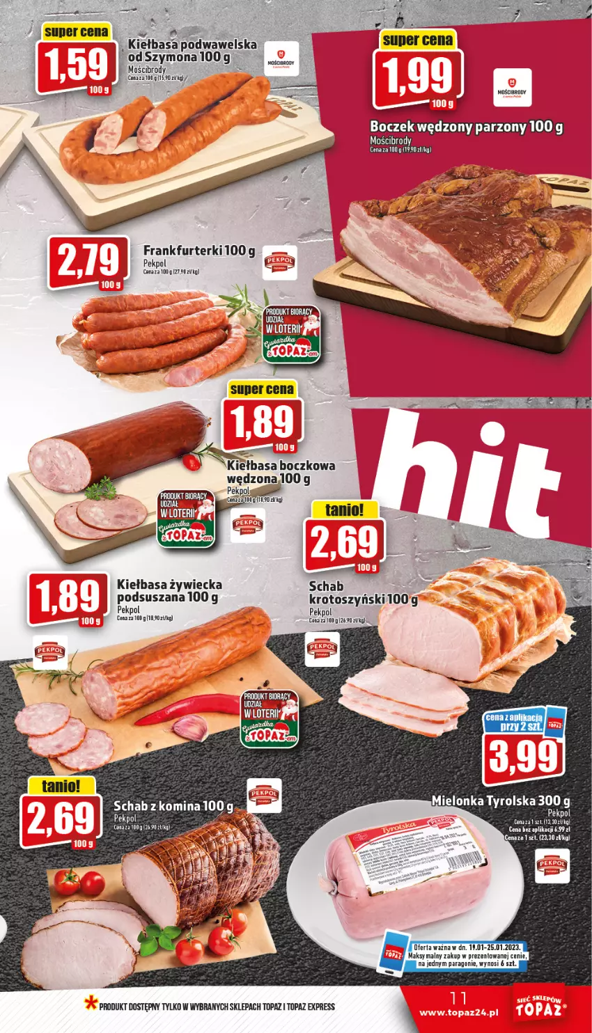 Gazetka promocyjna Topaz - Gazetka - ważna 19.01 do 25.01.2023 - strona 11 - produkty: Boczek, Frankfurterki, Kiełbasa, Kiełbasa podwawelska, Top, Wawel