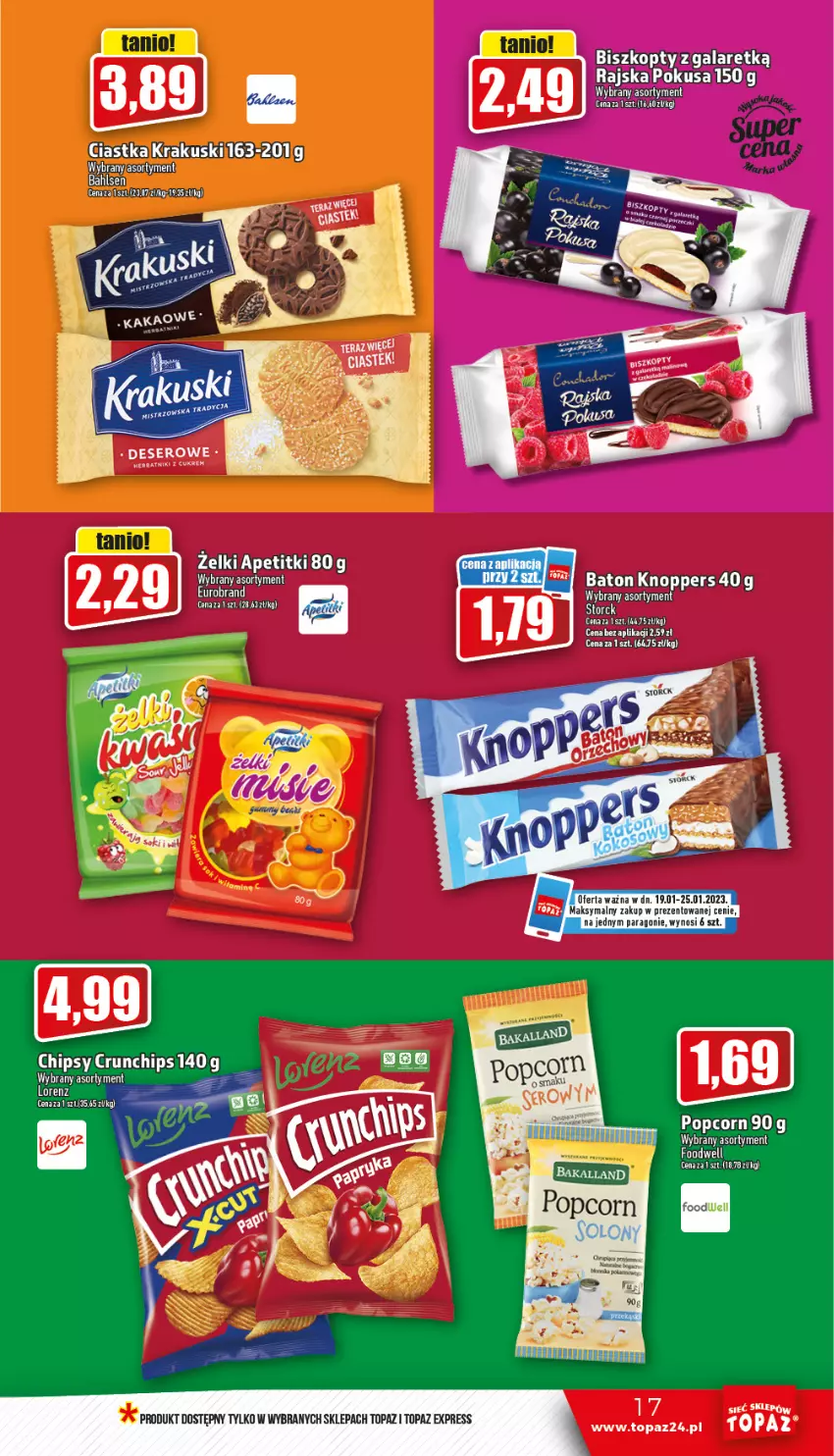 Gazetka promocyjna Topaz - Gazetka - ważna 19.01 do 25.01.2023 - strona 17 - produkty: Biszkopty, Chipsy, Ciastka, Crunchips, Gala, Krakus, Krakuski, Lorenz, Popcorn, Top