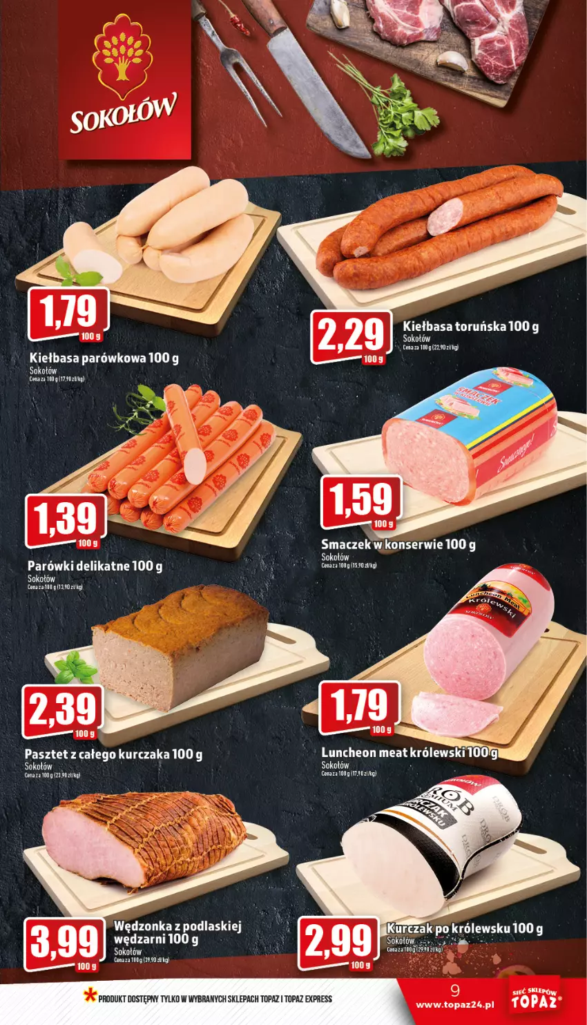 Gazetka promocyjna Topaz - Gazetka - ważna 19.01 do 25.01.2023 - strona 9 - produkty: Kiełbasa, Kurczak, Parówki, Pasztet, Podlaski, Ser, Sok, Sokołów, Tago