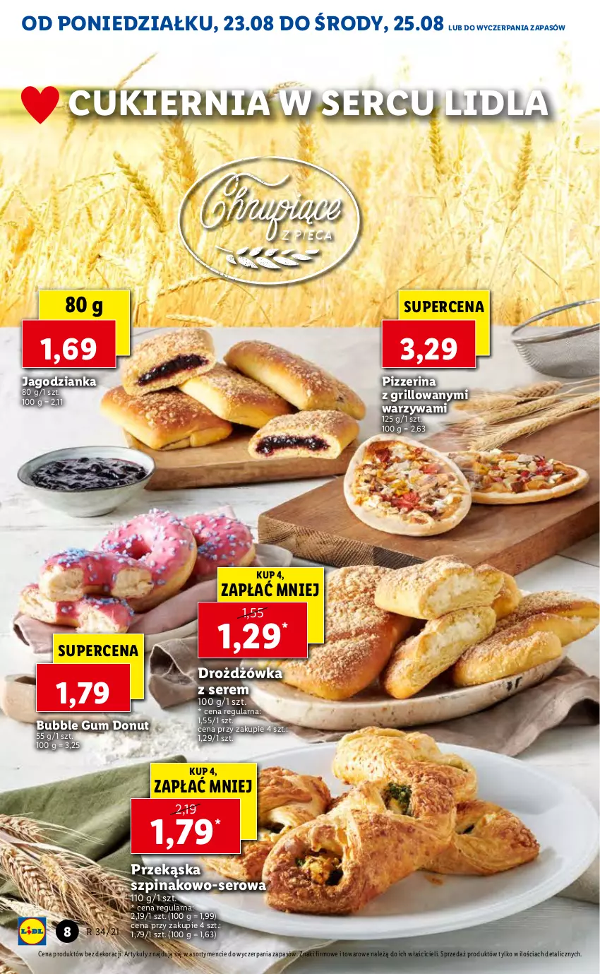 Gazetka promocyjna Lidl - GAZETKA - ważna 23.08 do 25.08.2021 - strona 8 - produkty: Cukier, Donut, Grill, Jagodzianka, Pizzerina, Ser, Szpinak, Warzywa