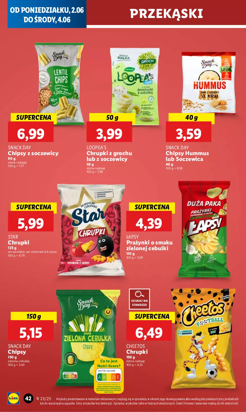 Gazetka promocyjna Lidl - GAZETKA - ważna 02.06 do 04.06.2025 - strona 48 - produkty: Cheetos, Chipsy, Chrupki, Groch, Hummus, Mus, Pizza, Ser