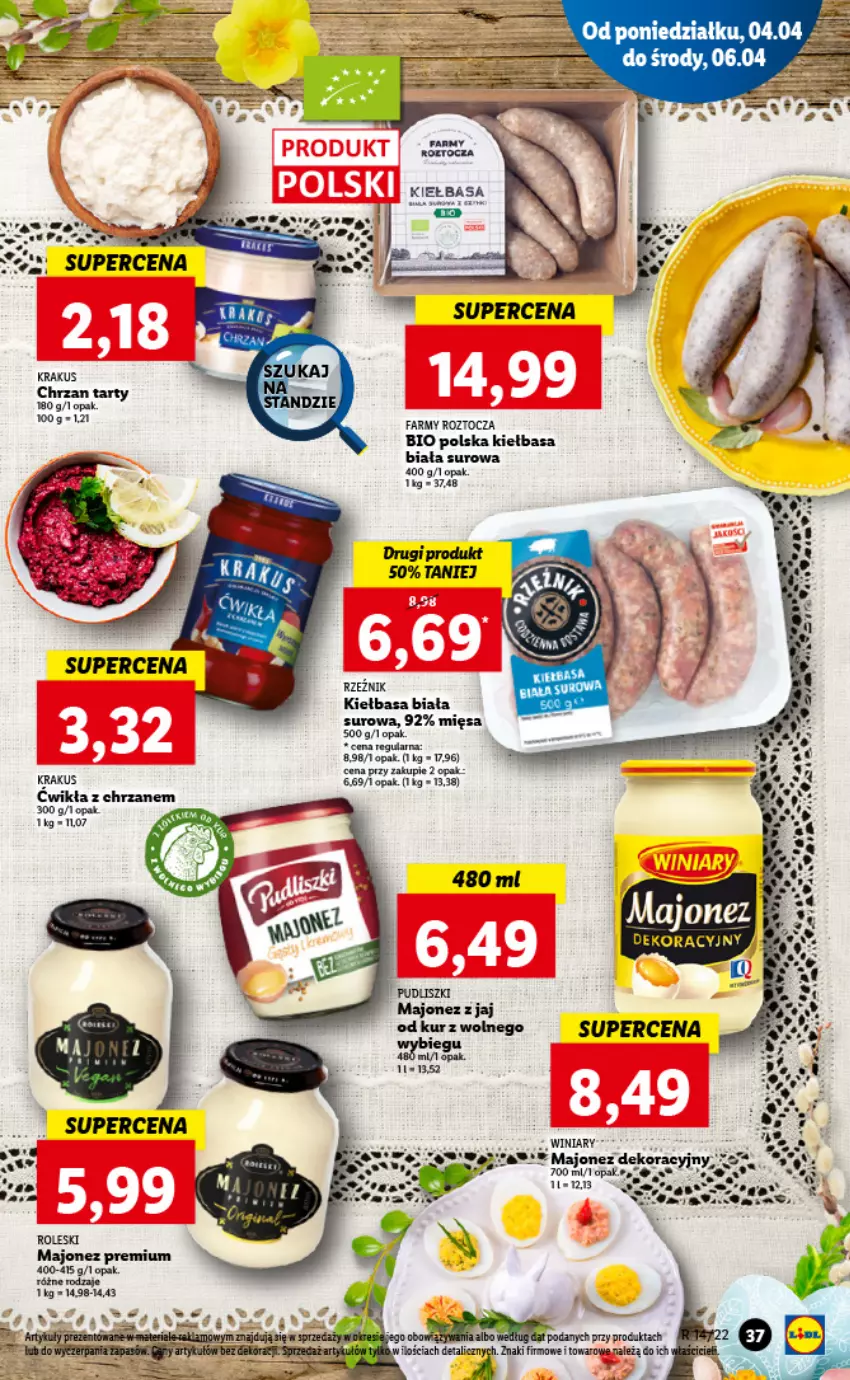 Gazetka promocyjna Lidl - GAZETKA - ważna 04.04 do 06.04.2022 - strona 37 - produkty: Chrzan, Fa, Kiełbasa, Kiełbasa biała, Krakus, Majonez