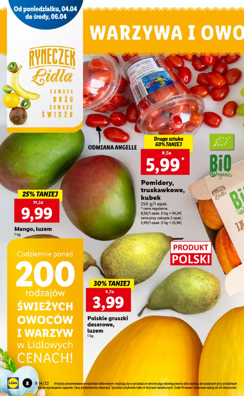 Gazetka promocyjna Lidl - GAZETKA - ważna 04.04 do 06.04.2022 - strona 8 - produkty: Deser, Gruszki, Kubek, Mango, Pomidory, Ser