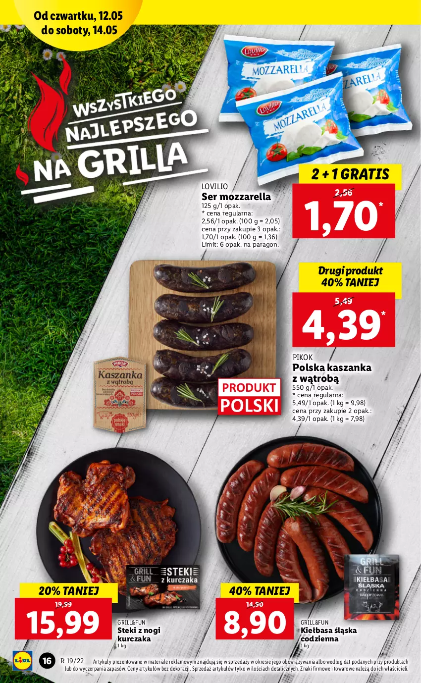 Gazetka promocyjna Lidl - GAZETKA - ważna 12.05 do 14.05.2022 - strona 16 - produkty: Gra, Grill, Kasza, Kaszanka, Kiełbasa, Kiełbasa śląska, Kurczak, Lovi, Mozzarella, PIKOK, Ser, Stek