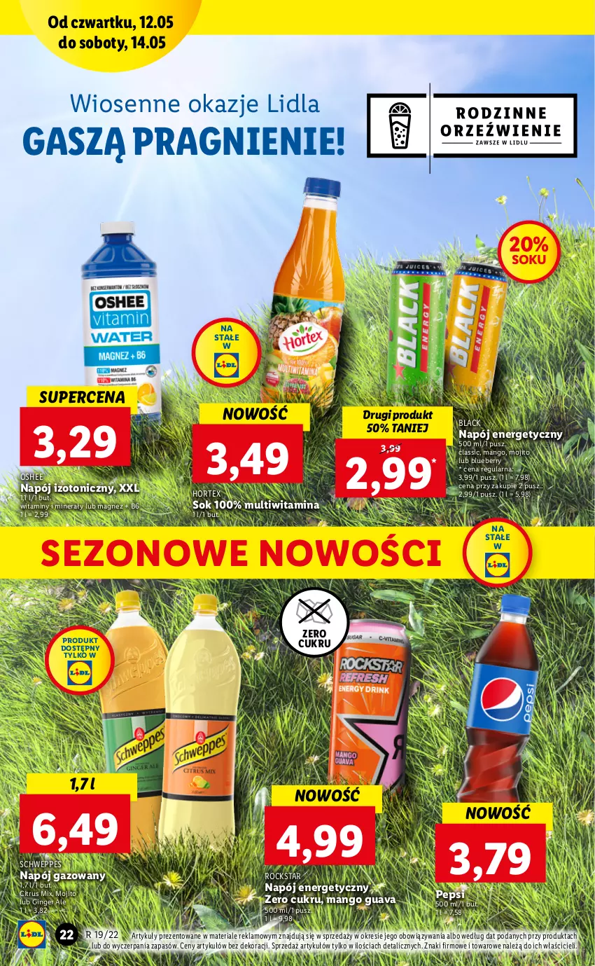 Gazetka promocyjna Lidl - GAZETKA - ważna 12.05 do 14.05.2022 - strona 22 - produkty: Gin, Hortex, Lack, Magnez, Mango, Napój, Napój energetyczny, Napój gazowany, Napój izotoniczny, Oshee, Pepsi, Schweppes, Sok