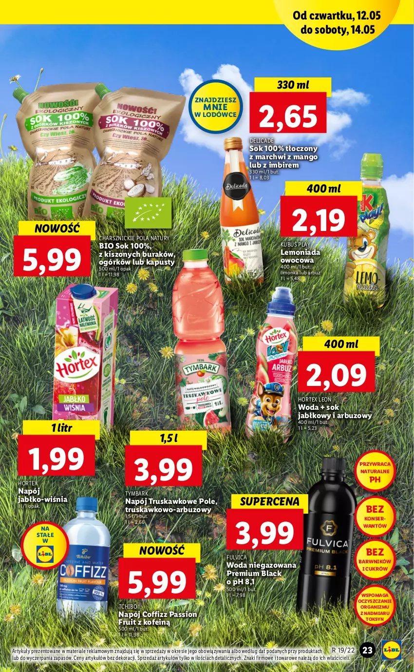 Gazetka promocyjna Lidl - GAZETKA - ważna 12.05 do 14.05.2022 - strona 23 - produkty: Arbuz, Hortex, Imbir, Kubuś, Lack, Lemoniada, Leon, Limonka, Mango, Napój, Ser, Sok, Sok jabłkowy, Tchibo, Tymbark, Woda, Woda niegazowana